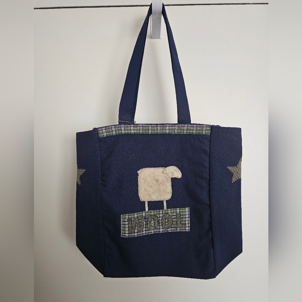 Navy Blue Tote Bag with Shetland Sheep Wool And Green Cotton Accents